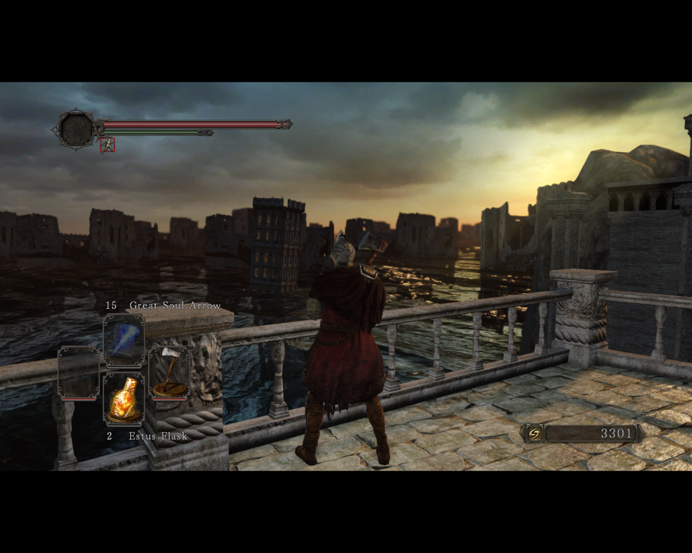 Dark Souls II (Windows) screenshot: Breathtaking view from a platform over a ruined, sunken city!