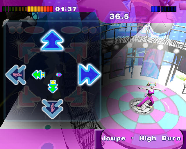 Dance:UK (PlayStation 2) screenshot: This is the Aerobics mode. Instead of points it records calories burned. It's hard keeping pace using a controller, trying to play the game while dancing would result in a serious workout