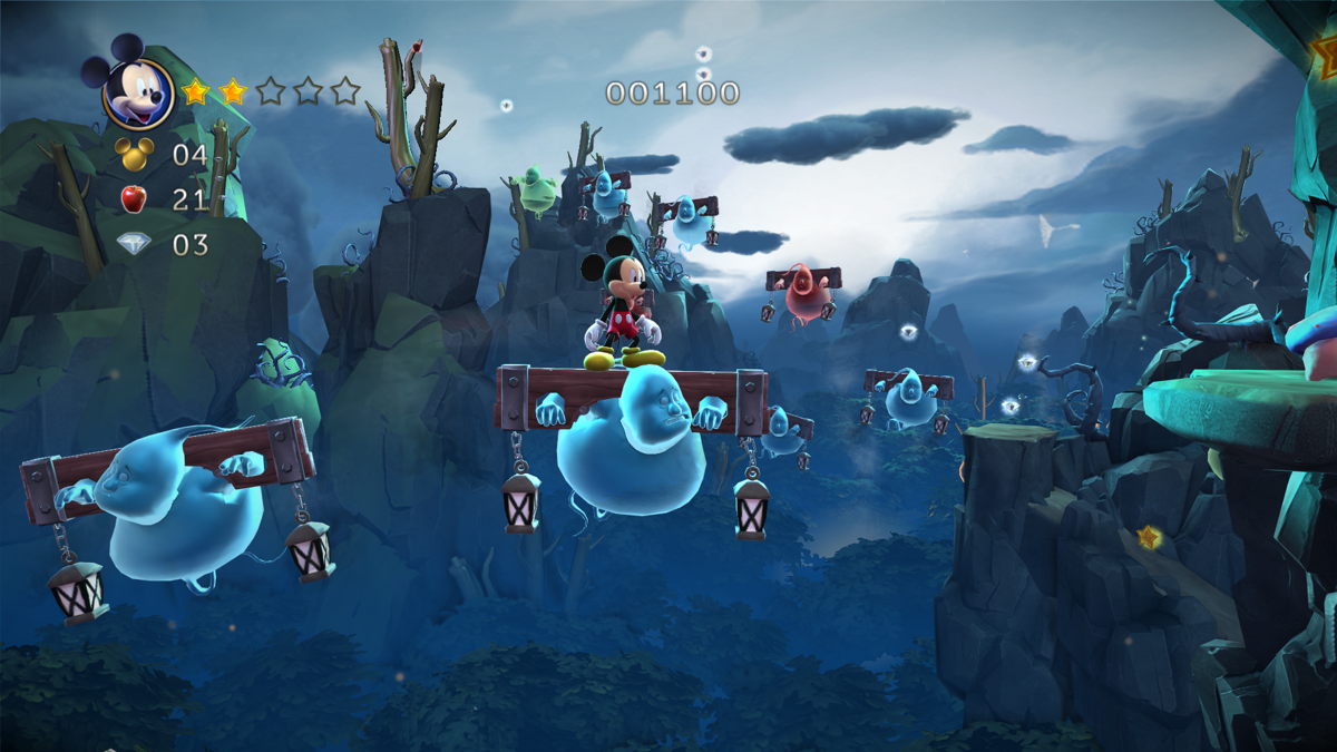 Castle of Illusion Starring Mickey Mouse (Windows) screenshot: It's nice to see the platforms (ghosts) and crystals in the background, Mickey will get there later