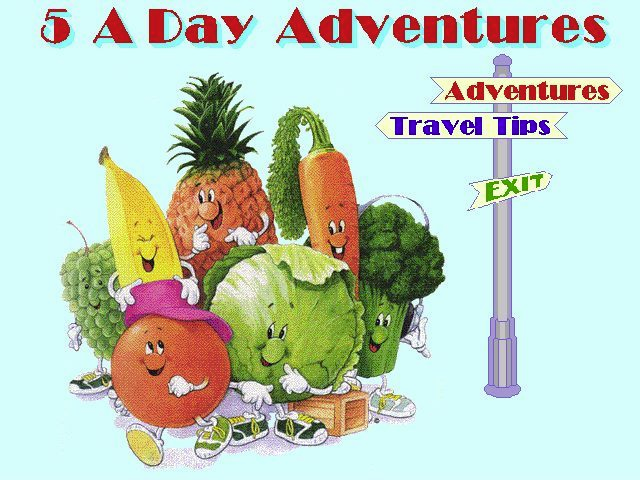 Dole: 5 A Day Adventures (Windows 3.x) screenshot: The Travel Tips option takes the player into a section that explains all the in-game icons. The Adventure's option starts the game