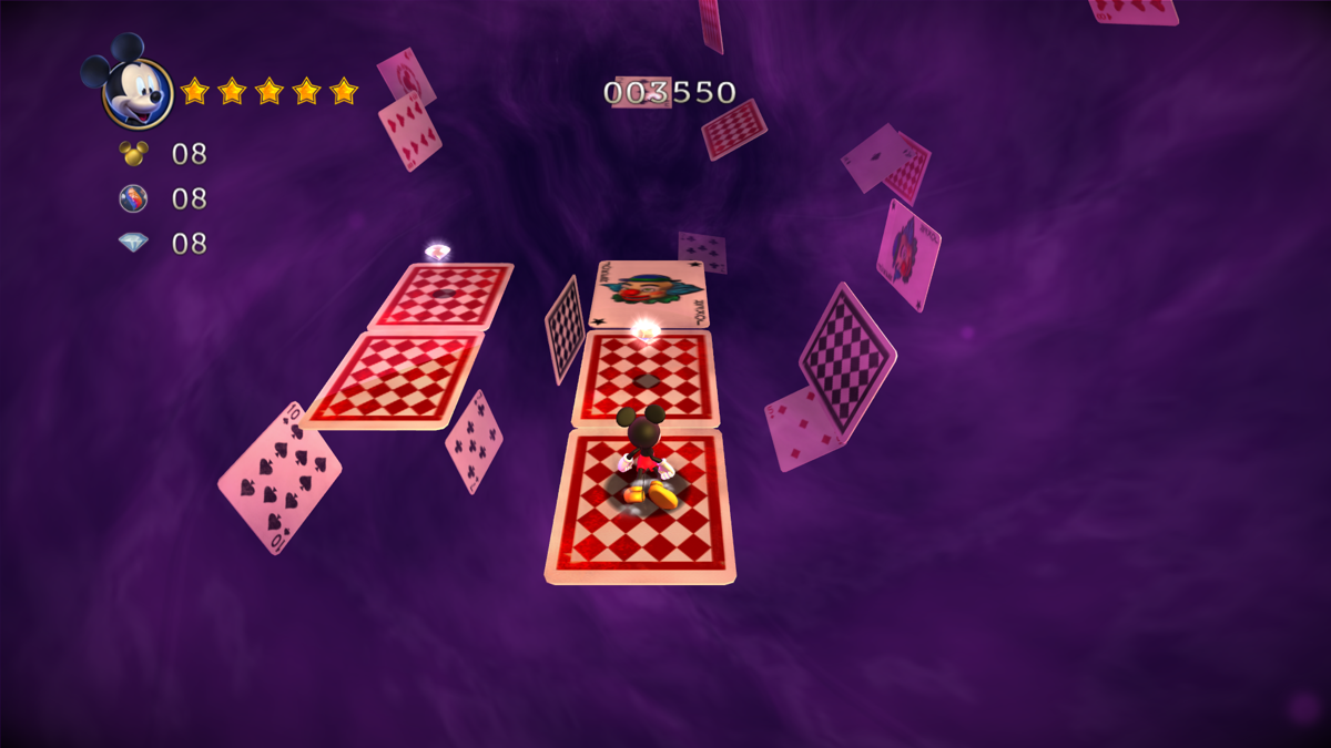 Castle of Illusion Starring Mickey Mouse (Windows) screenshot: Going after a bonus item (a playing card or a red pepper) in the Toy Land