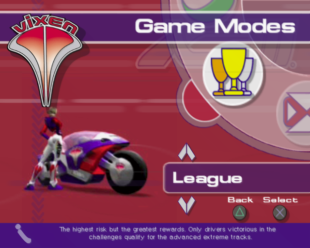 XGIII: Extreme G Racing (PlayStation 2) screenshot: Having chosen a team and a driver the player then selects the game mode. Up/down scrolls through the menu icons shown in the upper right