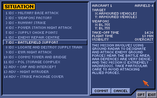 Tornado (Amiga) screenshot: Select a mission for the IDS or ADV