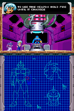 Chronos Twin (Nintendo DS) screenshot: Returning to base to get a weapon powerup. The anime-esque dude looks decidedly out of place in this world of alien creatures.