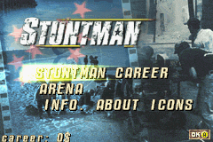 Stuntman (Game Boy Advance) screenshot: Title screen / Main menu.