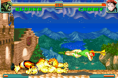 Super Street Fighter II: Turbo Revival (Game Boy Advance) screenshot: The meeting of both moves Blanka's Sliding Punch and Cammy's Spiral Arrow.