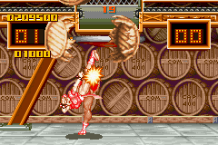 Super Street Fighter II: Turbo Revival (Game Boy Advance) screenshot: Using a high kick, Chun-Li starts the countdown to complete the Barrel Bonus.