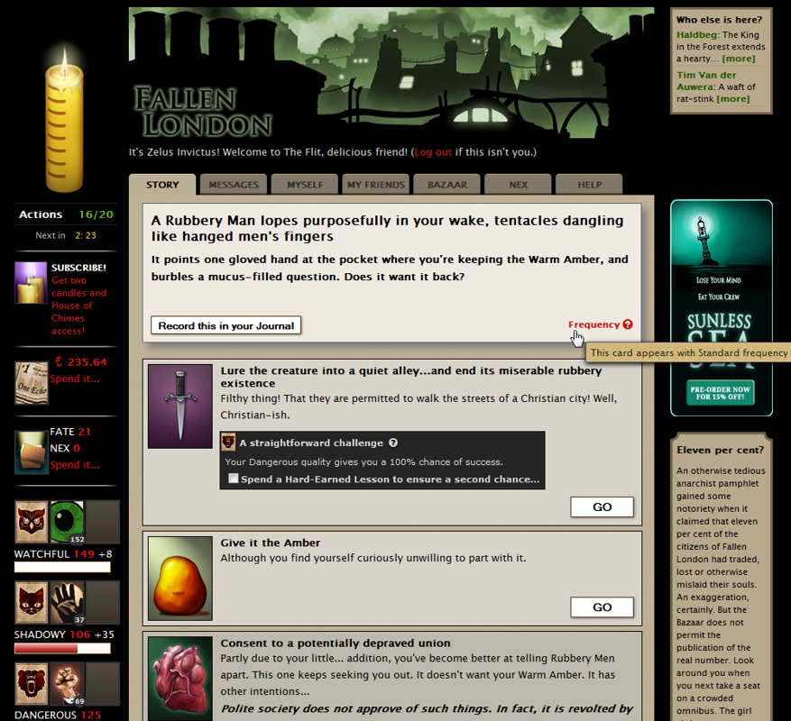 Fallen London (Browser) screenshot: Playing a card. Cards are random and appear with various frequencies. When you want to play an action the game will tell you your chances of success based on your current abilities.
