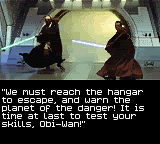 Star Wars: Episode I - Obi-Wan's Adventures (Game Boy Color) screenshot: Intermission frame  Qui-Gon Jinn says to Obi-Wan the next action.