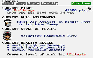 Gunship (Amiga) screenshot: Pilot status