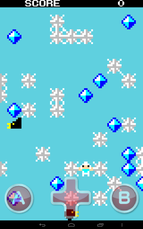 Crystal Boy (Android) screenshot: Up in the air. You can move the hero with the left and right buttons of the onscreen D-pad. The rest of the buttons are for show and don't do anything.