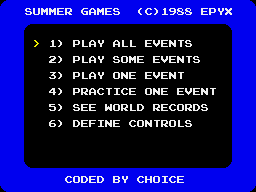 Gold, Silver, Bronze (ZX Spectrum) screenshot: Event selection