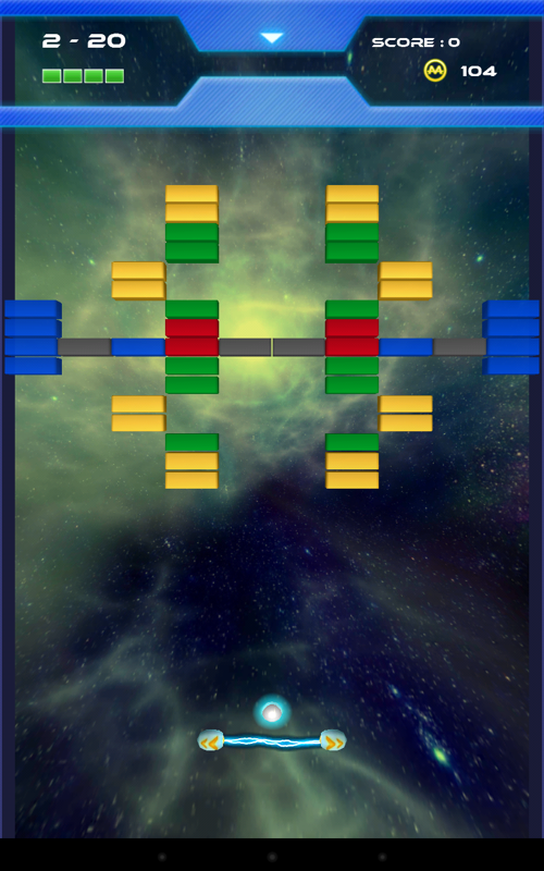 Smash (Android) screenshot: Later levels have more of the sturdy bricks that require several shots, and often have unbreakable gray bricks to make the playfield more awkward.