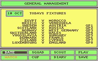 Tracksuit Manager (Atari ST) screenshot: Forthcoming fixtures, including an easy game for England