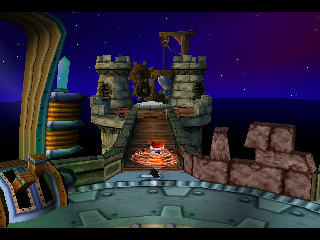 Crash Bandicoot: Warped (PlayStation) screenshot: Platforms like this are "gates" for sets of five levels.