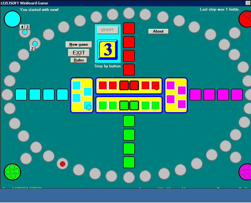 Board Game for Windows (Windows) screenshot: When the player has a single token the game will make the moves automatically. When there are multiple tokens in play, as the blue player has, they are numbered and the player must choose