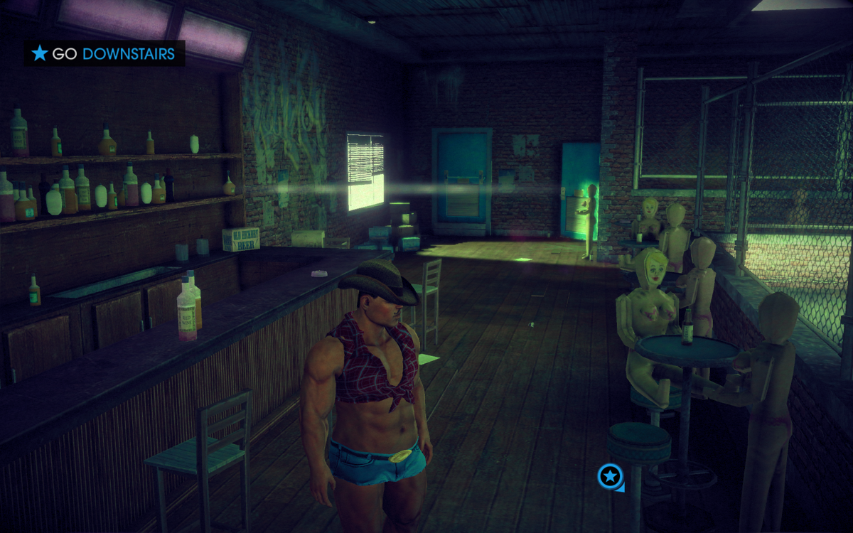 Saints Row IV (Windows) screenshot: Story missions will take you to weird locations, such as this bar with sex dolls instead of customers. And you are wearing a sexy female redneck costume even though you are male