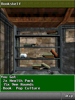 Wolfenstein RPG (J2ME) screenshot: Finding stuff on a bookshelf.