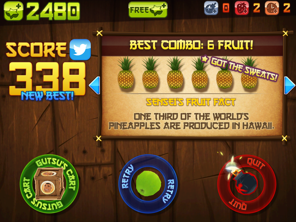 Fruit Ninja (iPad) screenshot: Here are the results for the "Zen" that have 6 real pineapples named "Got the Sweats!".