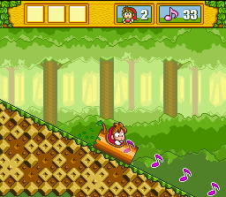 Do Re Mi Fantasy: Milon no DokiDoki Daibōken (SNES) screenshot: Taking a log ride