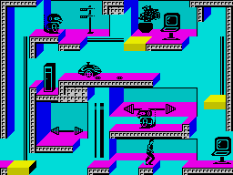Impossible Mission II (ZX Spectrum) screenshot: One of many rooms to search