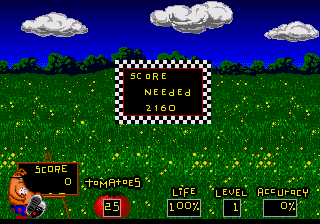 Menacer 6-Game Cartridge (Genesis) screenshot: Ready, Aim, Tomatoes!: at each level a target score is given.