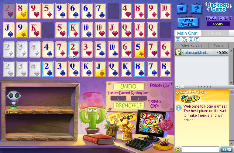 Pogo Addiction Solitaire (Browser) screenshot: The first Pogo Buddy is on the shelf.