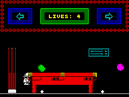 Incredible Shrinking Fireman (ZX Spectrum) screenshot: Jumping across a snooker table