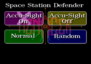 Menacer 6-Game Cartridge (Genesis) screenshot: Space Station Defender: selecting game mode and the Accu-Sight on.