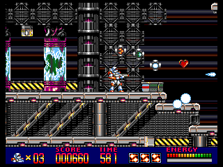 Mega Turrican (Amiga) screenshot: Collect some power-ups