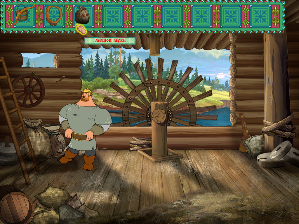 Ilya Muromets i Solovey Razboynik (Windows) screenshot: As in previous games in the series, inventory appears at the top of the screen on mouse-over