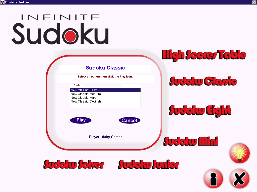 Infinite Sudoku (Windows) screenshot: After selecting a player id, or creating a new one if this is the first time the game has been played, the player must choose a game type and a difficulty level