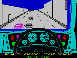 Turbo Esprit (ZX Spectrum) screenshot: Driving through the city