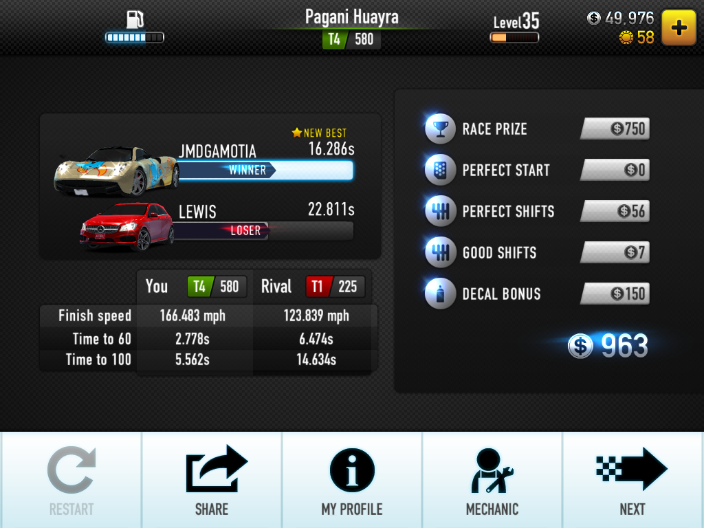 CSR Racing (iPad) screenshot: I have won the "Regulation" race with a time of 16.286 seconds with a 6-second lead against 22.811 by a "Rival".