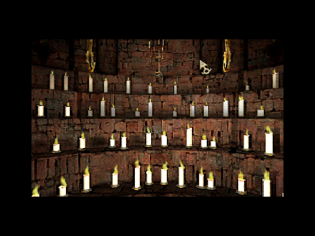 Zork Nemesis: The Forbidden Lands (DOS) screenshot: The temple is the first location you are going to explore. It also serves as a "hub" of sorts for the game. It is full of mysterious places... like this hall of candles