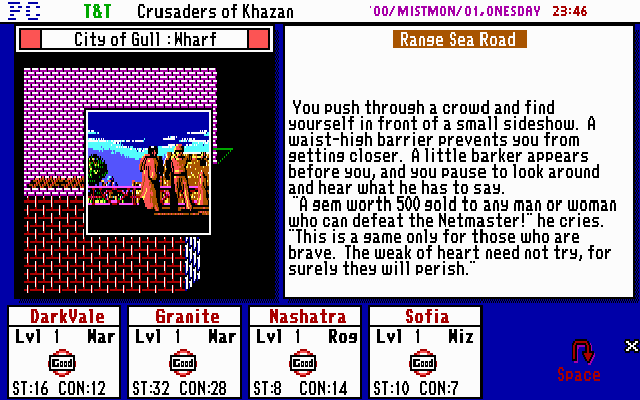 Tunnels & Trolls: Crusaders of Khazan (DOS) screenshot: There are a lot of "mini" quests that you may choose to complete. The Netmaster is one of the first challenges you may complete early in the game.