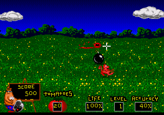 Menacer 6-Game Cartridge (Genesis) screenshot: Ready, Aim Tomatoes!: you have to shoot tomatoes against the enemies while avoiding them to shoot you back.