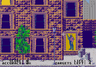 Menacer 6-Game Cartridge (Genesis) screenshot: Rockman's Zone: cardboard bandits will appear in the windows.
