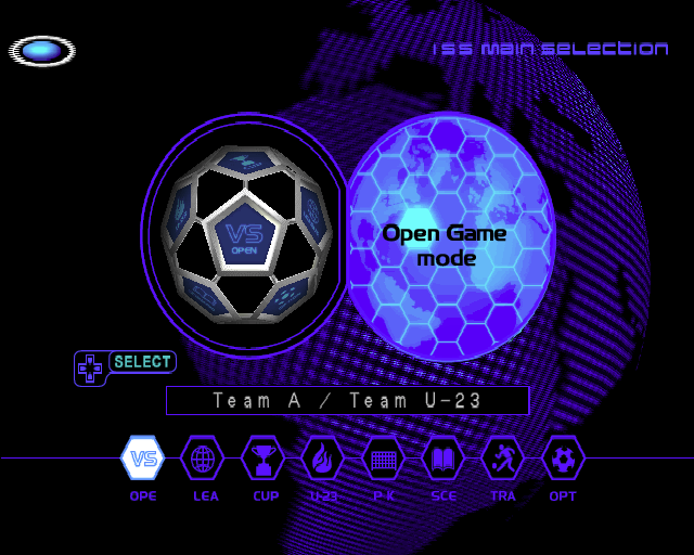 International Superstar Soccer (PlayStation 2) screenshot: The game's main menu. The left/right controls rotate the ball to bring up new options. The panels on the ball are mirrored in the icons along the bottom of the screen