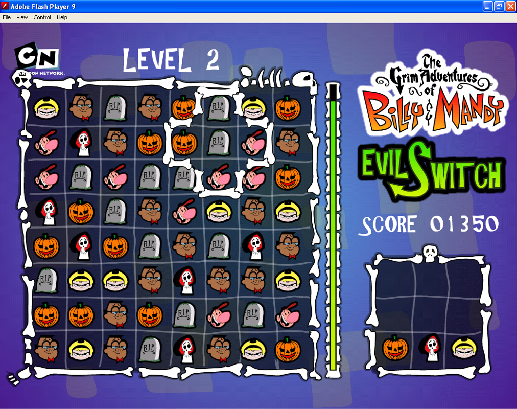 Cartoon Network Power Pack (Windows) screenshot: The Grim Adventures of Billy & Mandy - Evil Switch is a tile matching game. The player selects a cell which makes this white area appear showing the directions in which it can be moved