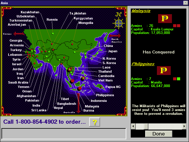 World Empire III (Windows 16-bit) screenshot: Philippines have joined the empire now but it seems they need some encouragement to stay with us. Don't they realise they will become part of the Popular People's Empire.