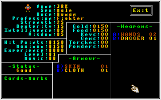 Exodus: Ultima III (Atari ST) screenshot: Character stats and equipment