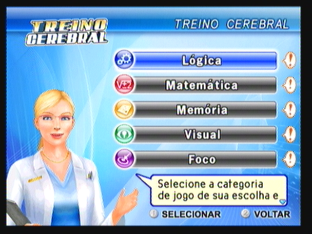 Brain Challenge (Zeebo) screenshot: Selecting a category for training.