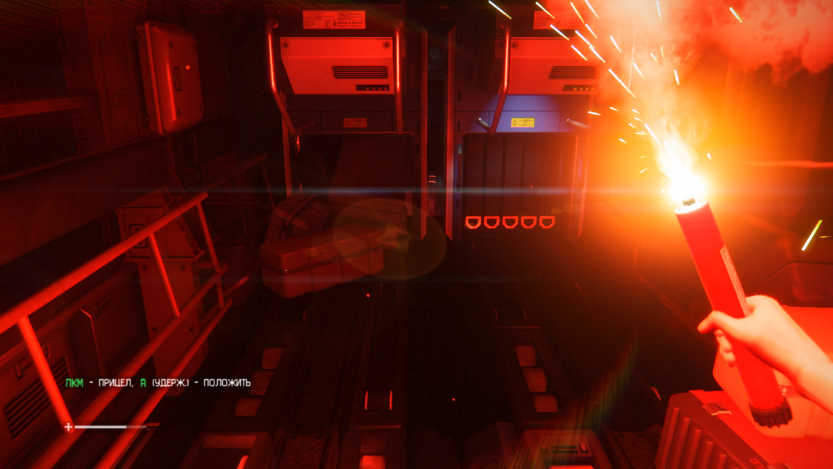 Alien: Isolation (Windows) screenshot: At first flares are your only light sources in dark areas