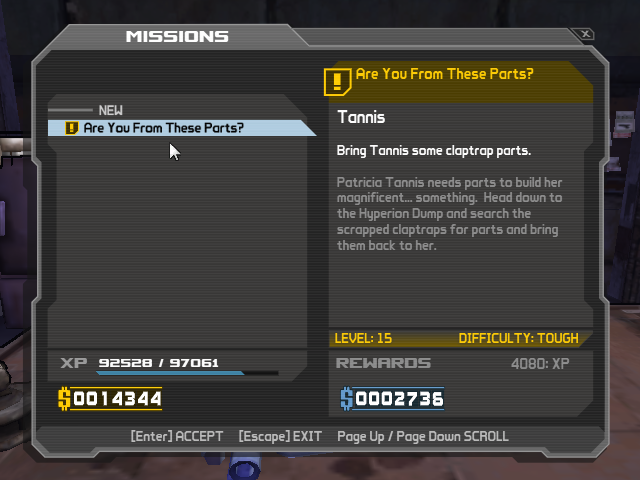 Borderlands: Claptrap's New Robot Revolution (Windows) screenshot: These are Tannis' side missions. As all robot enemies you kill drops parts, so even though there are many such missions in total, it's easy to just collect the pieces as you are doing other missions.