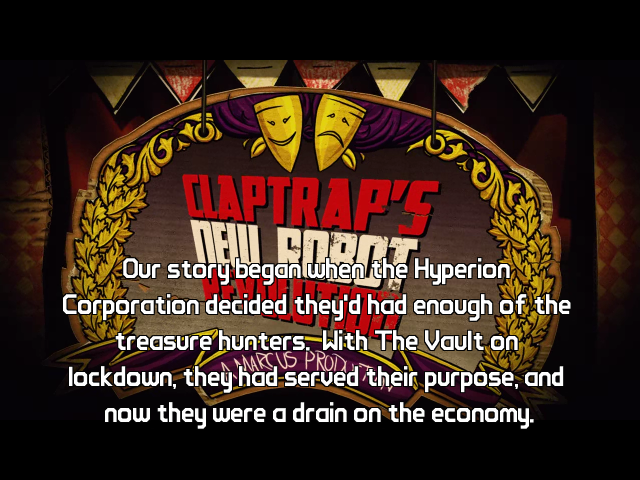 Borderlands: Claptrap's New Robot Revolution (Windows) screenshot: Add-on intro movie, describing how the Robolution came to be: Hyperion Corporation created a special claptrap to attack the vault hunters, so they have to buy more guns from Hyperion to defeat it.