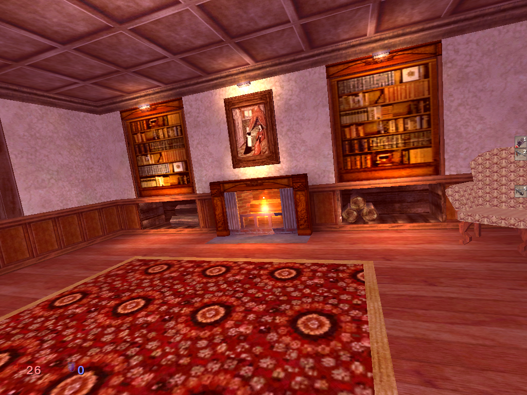 The Operative: No One Lives Forever (Windows) screenshot: They shoot at me from behind... As I fall down, the last thing I see is this exquisite art on the walls... and a nice carpet, too...