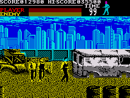 Vigilante (ZX Spectrum) screenshot: The second level is set in the junkyard