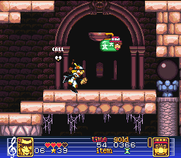 Hameln no Violin Hiki (SNES) screenshot: Curling Costume - allows you to slide flute around and break down barriers in lower areas