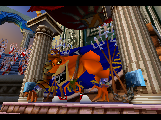 Crash Bandicoot: Warped (PlayStation) screenshot: "Tiny" the Tiger is the first boss of the game.
